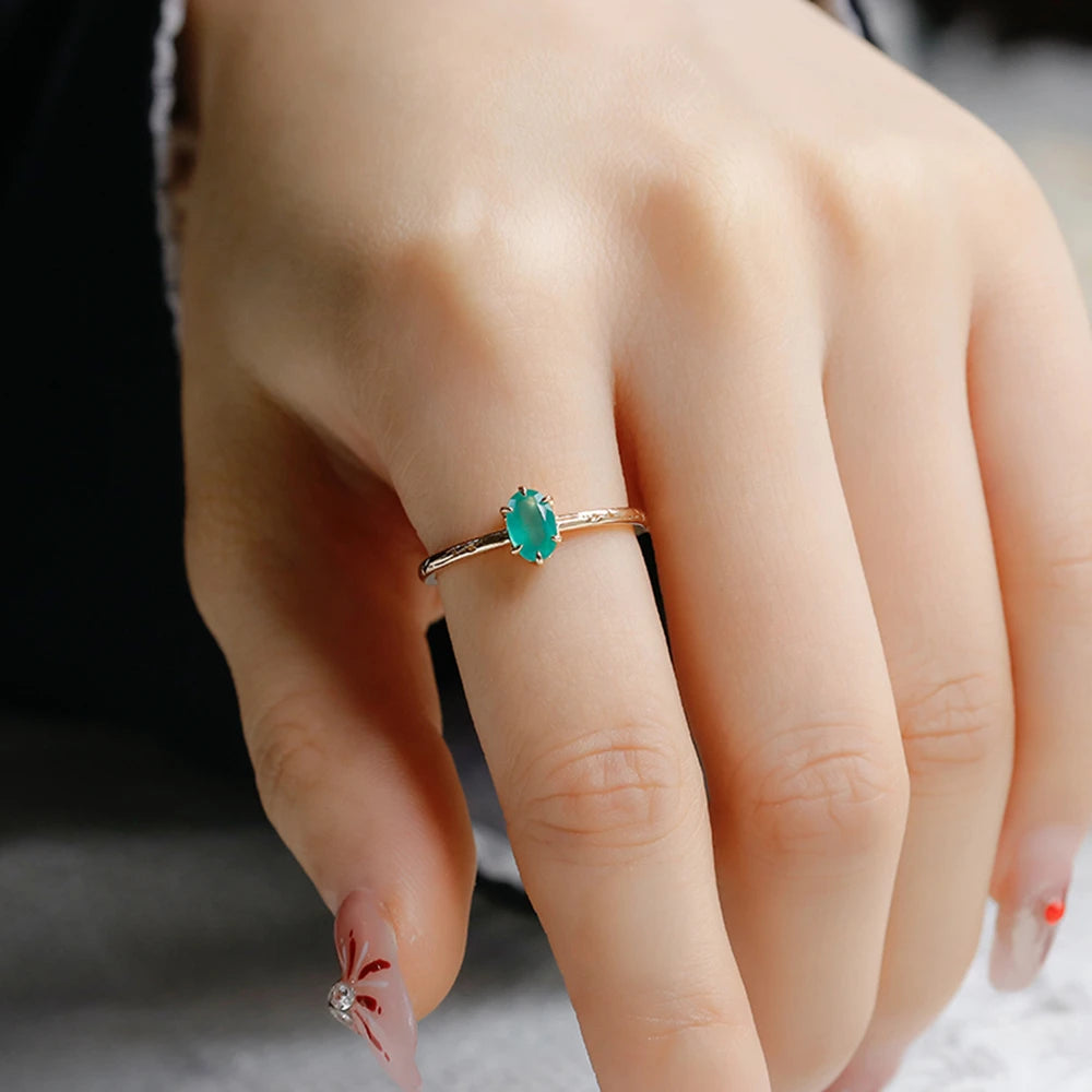 925 Sterling Silver 14K Gold Plated Single Gemstone Egg Shape Vintage Oval Natural Chrysoprase Finger Ring