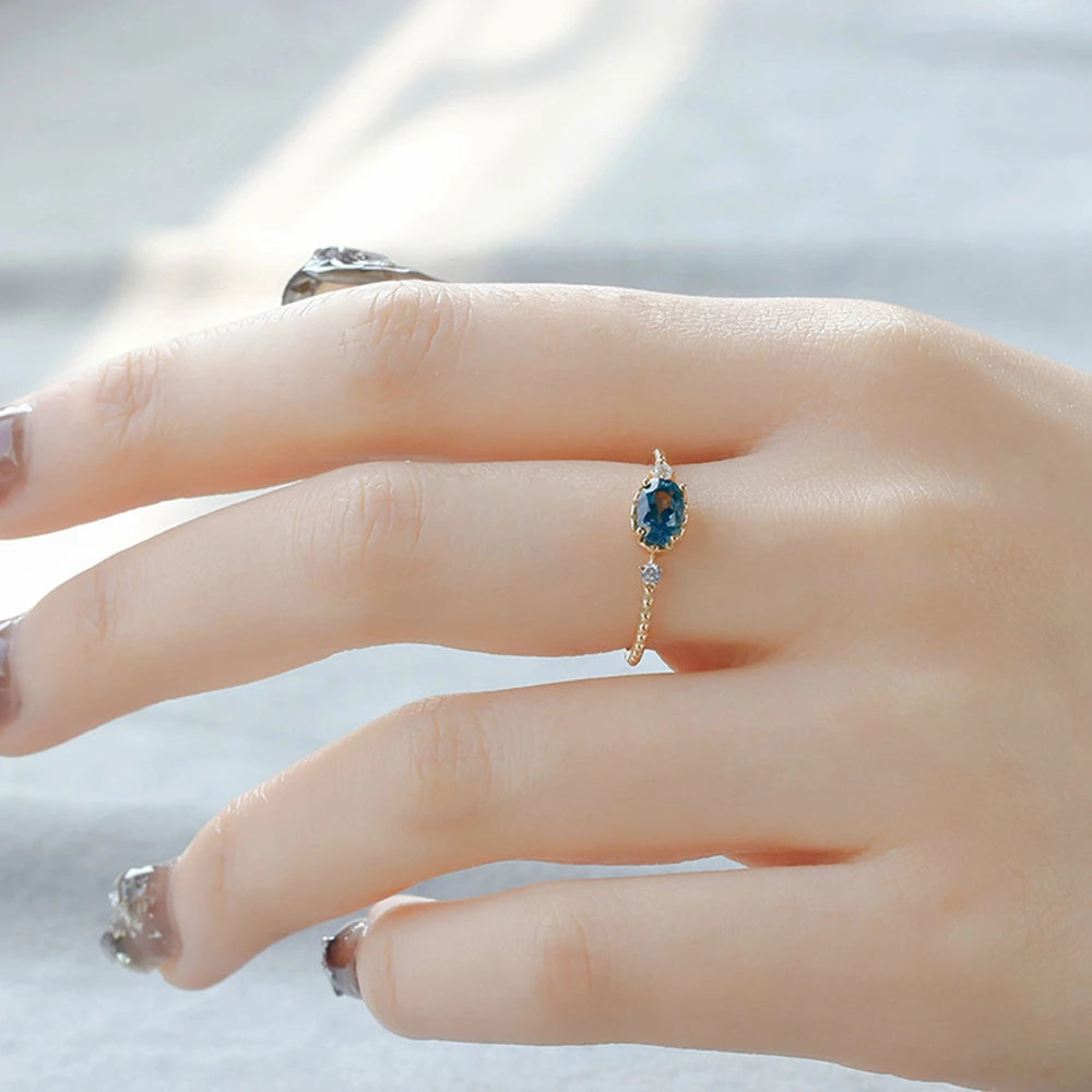 Emotional Factory 925 Sterling Silver 14K Gold Plated Natural Stone Gemstone Zircon Bead Blue Topaz Ring