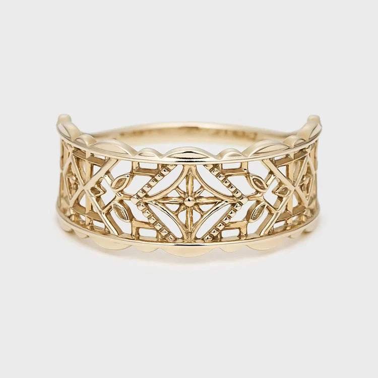Emotional Factory 925 Sterling Silver 14K Gold Plated Retro Vintage Medieval Pattern Irregular Hollow Ring