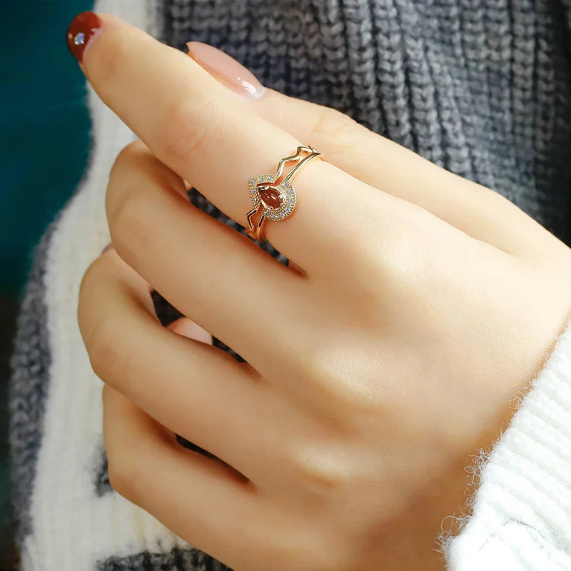 Emotional Factory 925 Sterling Silver 14K Plated Gemstone Retro Jewelry Cz Zircon Gold Smoky Quartz Ring Set