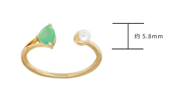 925 Sterling Silver 14K Gold Plated Gemstone Triangle Chrysoprase Natural Freshwater Pearl Adjustable Opening Ring