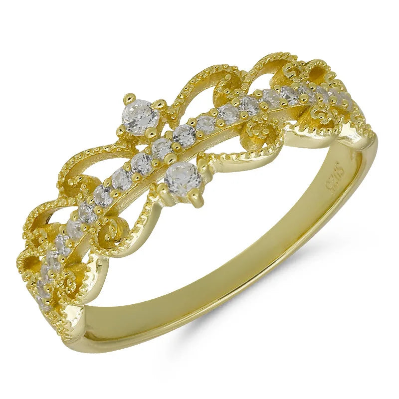 Emotional Factory 925 Sterling Silver 14K Gold Plated Cz Zircon Lace Hollow Ring