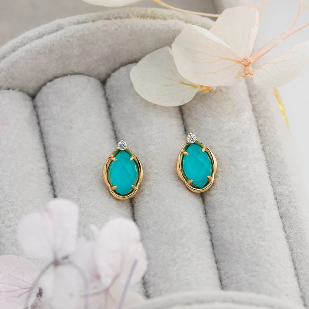 925 Sterling Silver 14K Gold Plated Gem Stone Gemstone Drop Cz Zircon Turquoise Natural White Rock Crystal Stud Earrings
