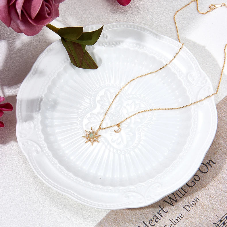 Emotional Factory Jewelry 925 Sterling Silver 14K Gold Plated Gemstone Series African Opal Gems Moon Sun Necklace