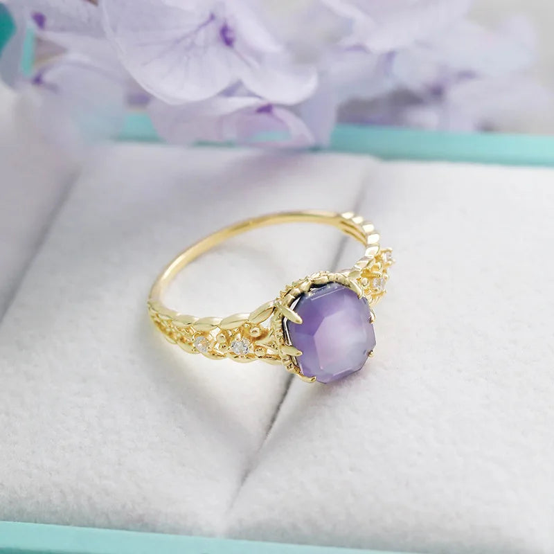 925 Sterling Silver 14K Gold Plated Gemstones Christmas Limited Happiness Olive Leaf Vintage Square Amethyst Ring