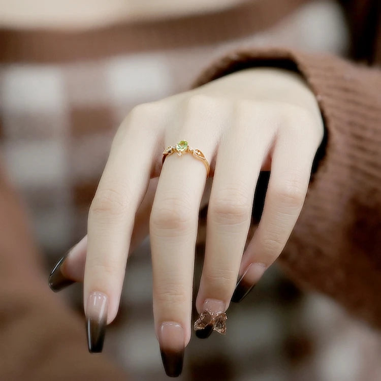 925 Sterling Silver 14K Gold Plated Gemstone Oval Bead Green Peridot Ring