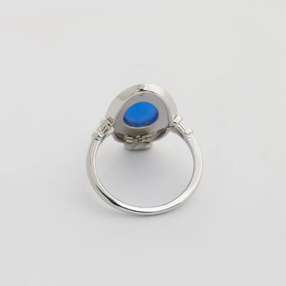 925 Sterling Silver 14K Gold Plated Gem Stone Gemstone Retro Hollow Vintage British Style Artificial Opal Combination Ring
