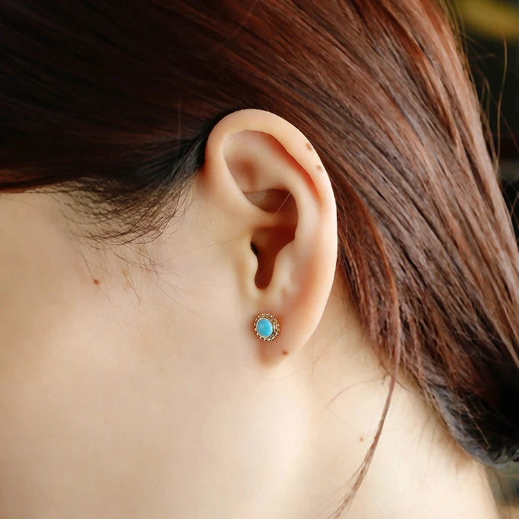 Emotional Factory 925 Sterling Silver 14K Gold Plated Gemstone Round Bead Flower Natural Turquoise Stud Earrings