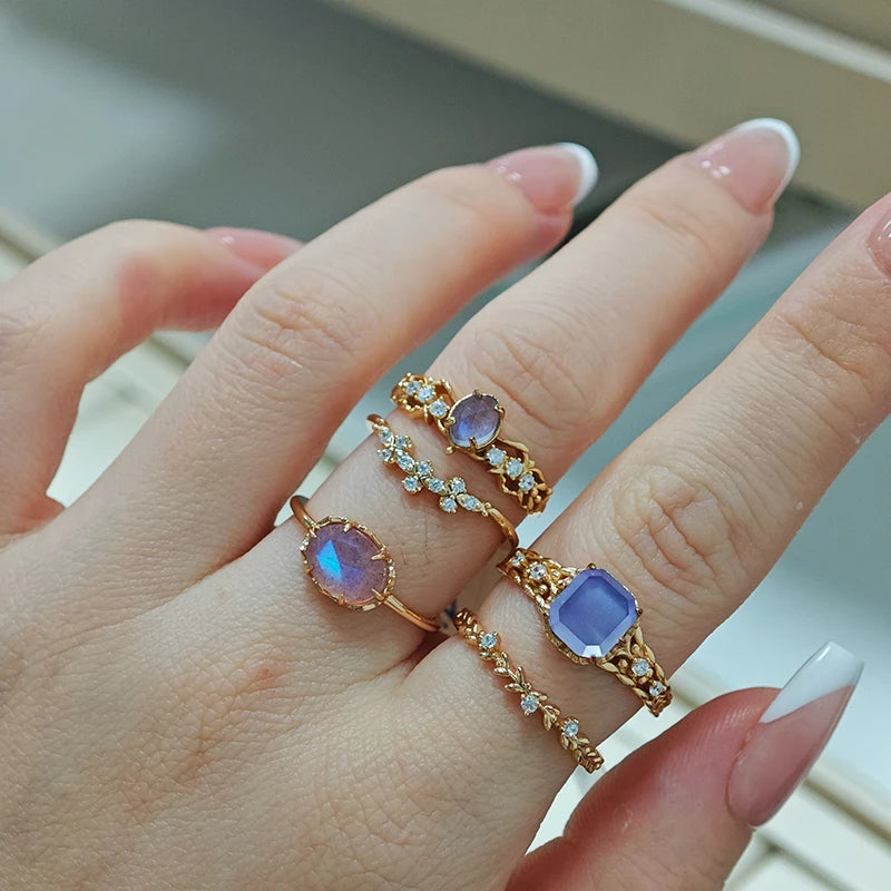 925 Sterling Silver 14K Gold Plated Gemstone Strawberry Quartz Stone Amethyst Labradorite Cordierite Stacked Zircon Ring