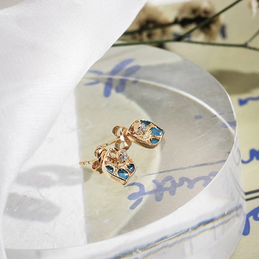 Emotional Factory 925 Sterling Silver 14K Gold Plated Gem Stone Gemstone Retro Fan Enamel Stud Earrings