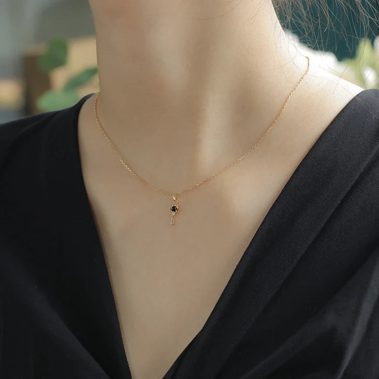 Emotional Factory 925 Sterling Silver 14K Gold Plated Gemstones Custom Gem Jewelry Natural Black Onyx Key Pendant Necklace