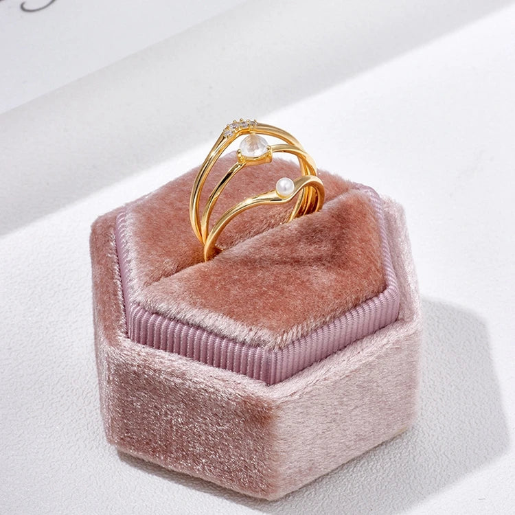 925 Sterling Silver 14K Gold Plated Gemstone Zircon White Crystal Natural Freshwater Pearls Three Piece Ring