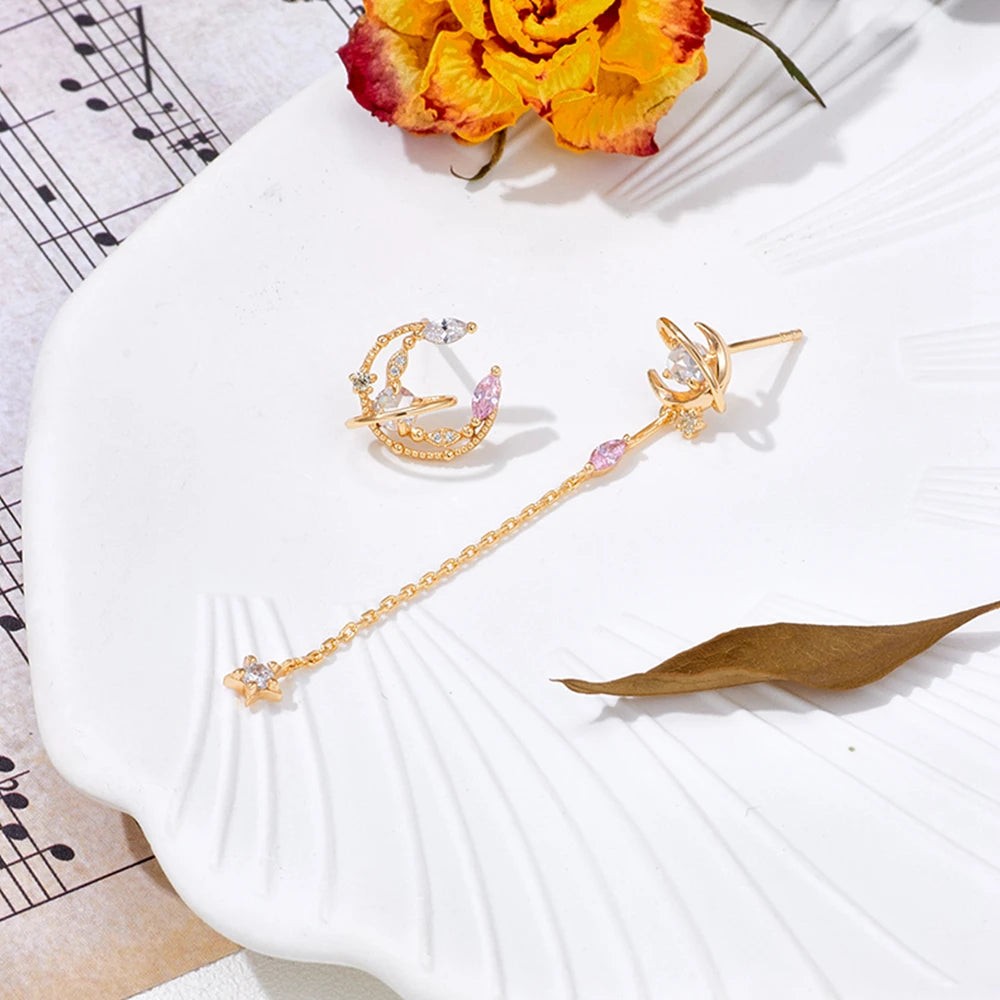 Emotional Factory Jewelry New 925 Sterling Silver 14K Gold Plated Pink Zircon Light Yellow Long Moon Star Earrings