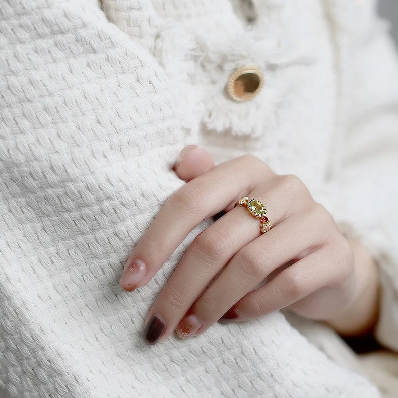 Emotional Factory 925 Sterling Silver 14K Plated Gemstone Gold Tourmaline Green Peridot Flower Prehnite Ring