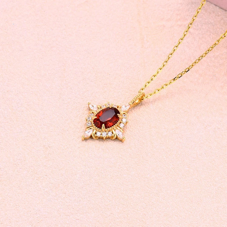 Emotional 925 Sterling Silver 14K Gold Plated Custom Gemstone Cz Zircon Cross Star Flower Red Garnet Necklace With Natural Stone