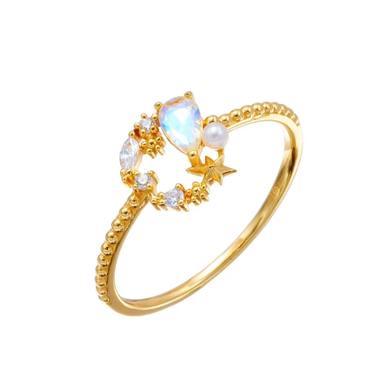 Emotional Factory 925 Sterling Silver 14K Gold Plated Gemstone Hollow Star Blue Quartz Stone Ring
