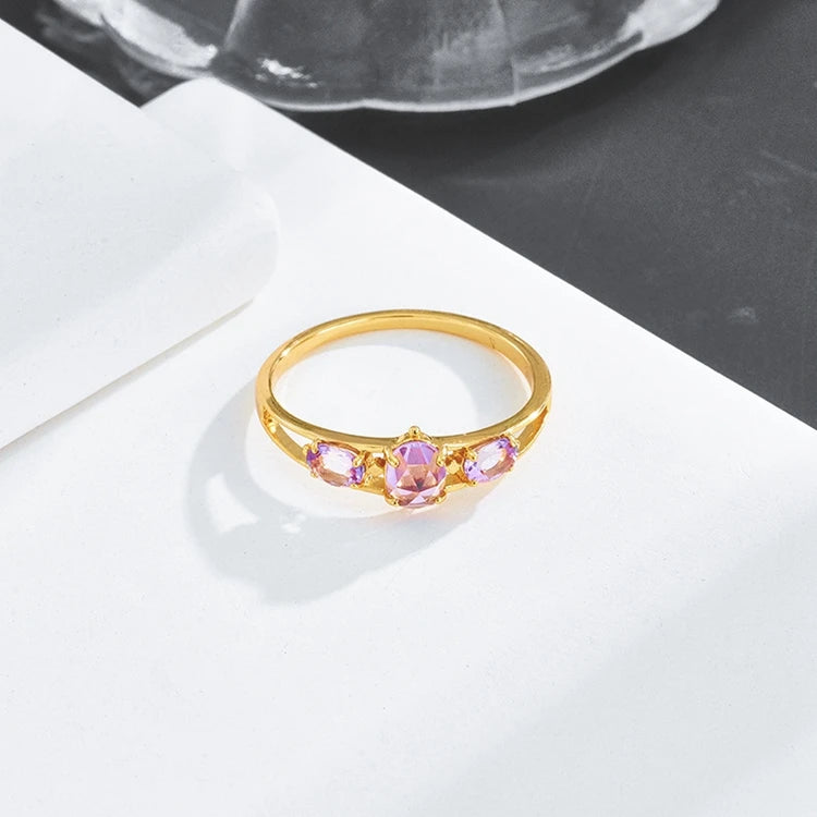 Emotional Factory 925 Sterling Silver 14K Gold Plated Gemstone 3 Stone Natural Amethyst Versatile Rings