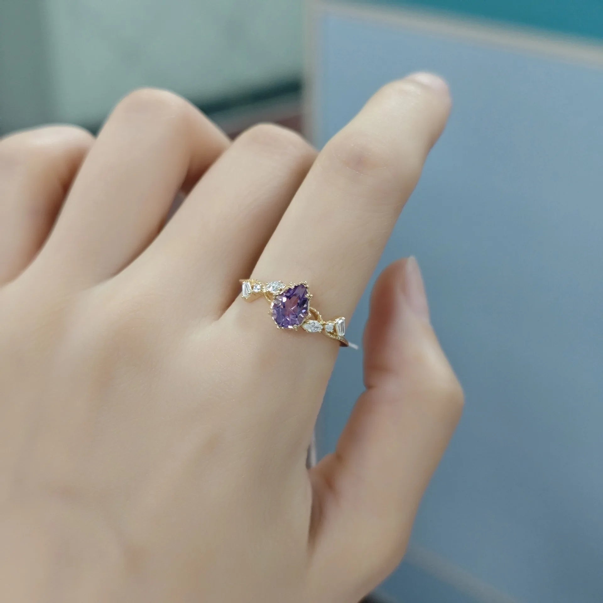 Emotional Factory 925 Sterling Silver 14K Gold Plated Gemstone Cz Zircon Geometrical Natural Amethyst Ring