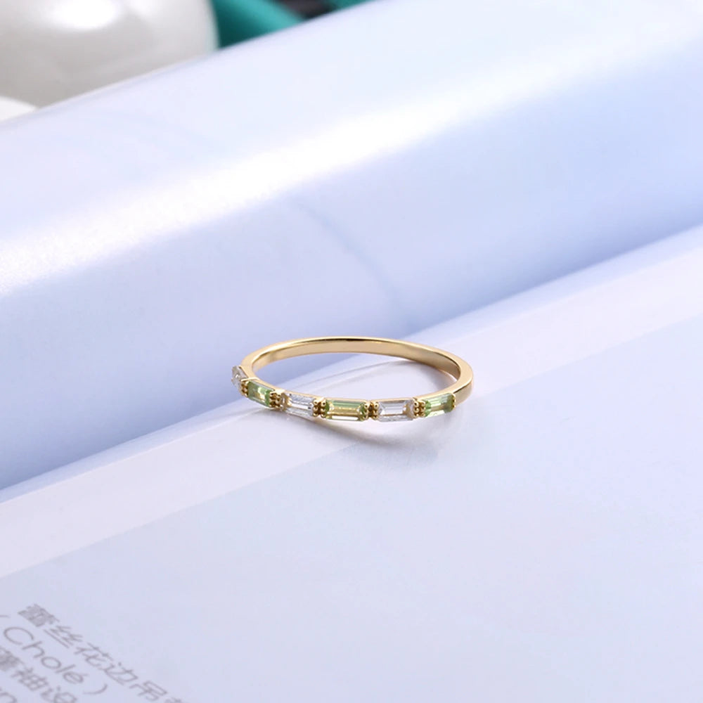 925 Sterling Silver 14K Gold Plated Gemstone White Topaz Peridot Layer Baguette Ring With Natural Stone
