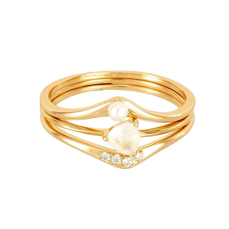 925 Sterling Silver 14K Gold Plated Gemstone Zircon White Crystal Natural Freshwater Pearls Three Piece Ring
