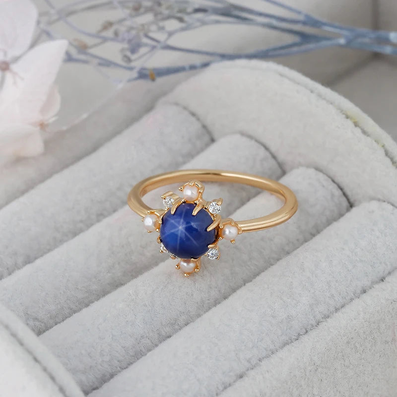 14K Gold Plated 925 Sterling Silver Snowflake Ring with Elegant Synthetic Star Sapphire ,Pearl and White Zircon