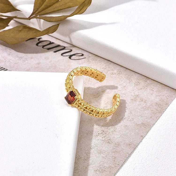 Emotional Anel Ajustavel Factory 925 Sterling Silver 14K Gold Plated Gemstone Natural Red Garnet Pattern Adjustable Ring