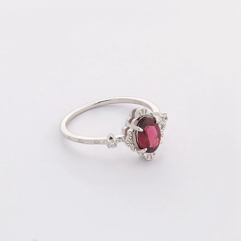 Emotional Factory 925 Sterling Silver 14K Gold Plated Gem Stone Gemstone Big Stone Vintage Oval Cz Zircon Rose Garnet Ring