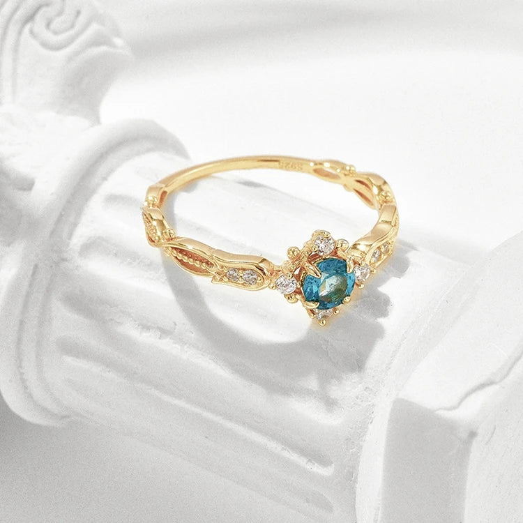 925 Sterling Silver 14K Gold Plated Gemstone Bluebell Design Zircon Flower Bead Natural Blue Topaz Ring