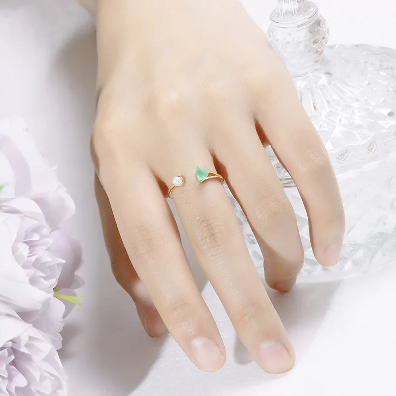 925 Sterling Silver 14K Gold Plated Gemstone Triangle Chrysoprase Natural Freshwater Pearl Adjustable Opening Ring