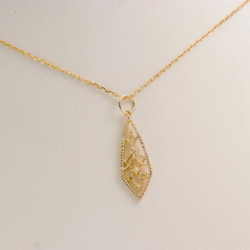 Emotional Factory 925 Sterling Silver 14K Gold Plated Gem Stone Gemstone Lace Hollow Rhombus Window Flower Pendant