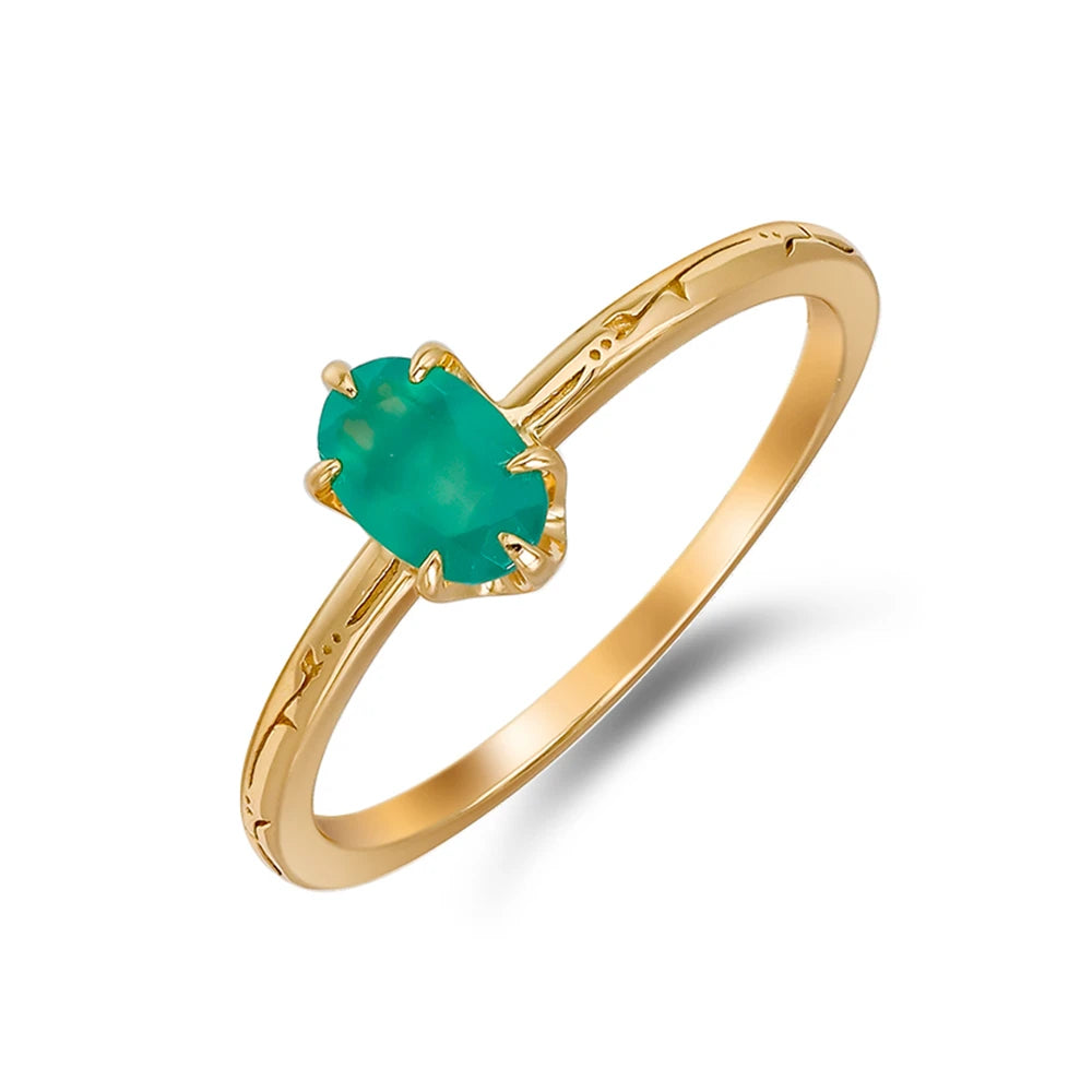 925 Sterling Silver 14K Gold Plated Single Gemstone Egg Shape Vintage Oval Natural Chrysoprase Finger Ring