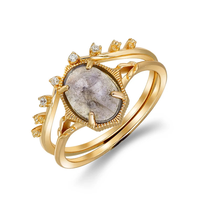 Japanese Light Luxury S925 Silver Plated 14K Gold Cordierite & Labradorite Stone Fine Ring