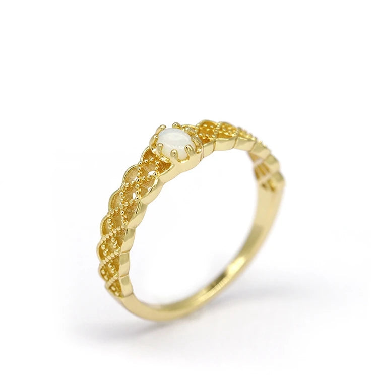 Emotional Les Bagues De Femme Joyeria Hiphop Factory 925 Sterling Silver 14K Gold Plated Gemstone Opal Hollow Lace Edge Ring