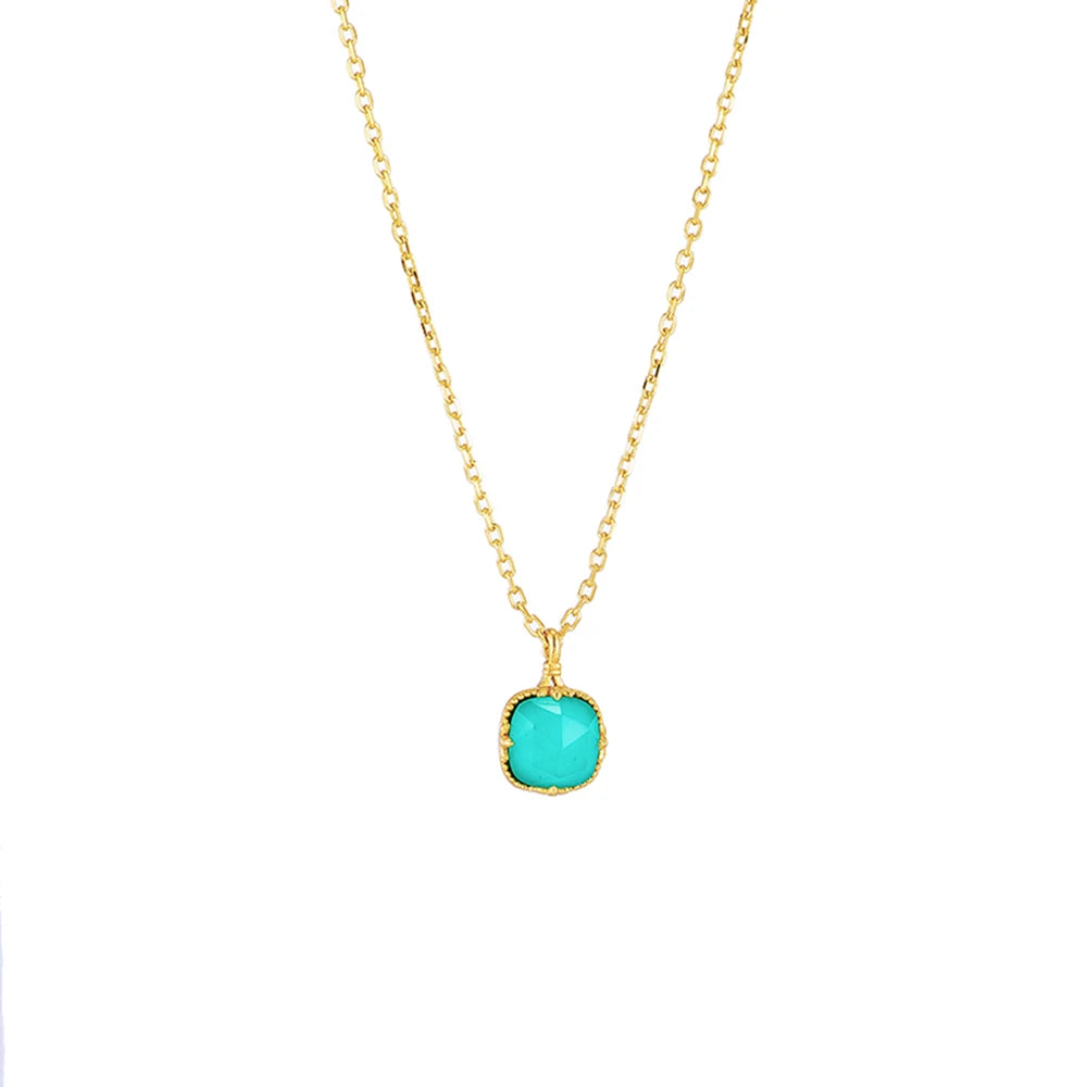 Emotional Factory 925 Sterling Silver 14K Gold Plated Gemstone Series White Crystal Natural Square Turquoise Geometry Necklace