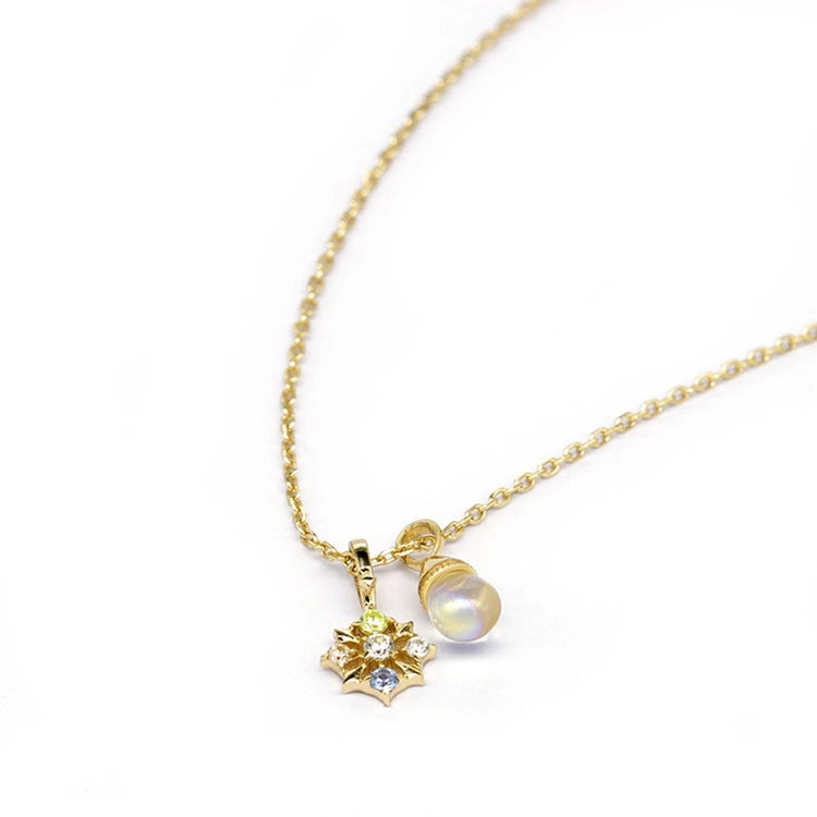 Gemstone White Flow Glass Green Light Champagne Zircon Blue Spinel 8 Pointed Star Pearl Double Pendant Necklace