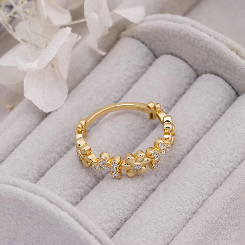 Emotional Factory 925 Sterling Silver 14K Gold Plated Retro Cz Zircon Sweet Cute Flower Design Ring