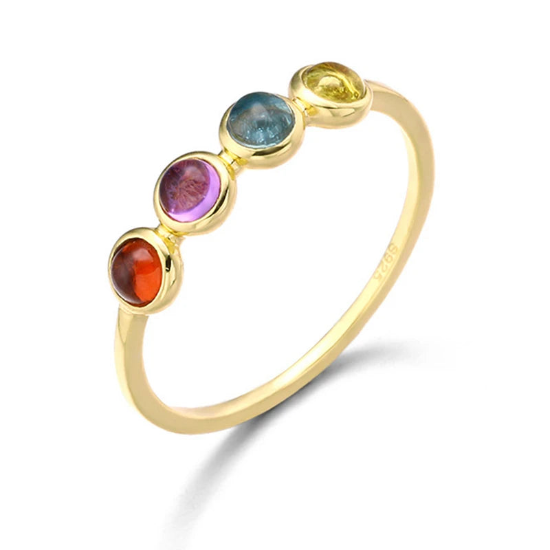 Emotional Factory 925 Sterling Silver 14K Gold Plated Gem Stone Round Bead Topaz Amethyst Garnet Citrine Natural Crystal Ring