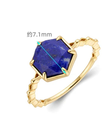925 Sterling Silver 14K Gold Plated Gemstone Star  Starry Sky Octagon Lazurite Lapis Lazuli Ring