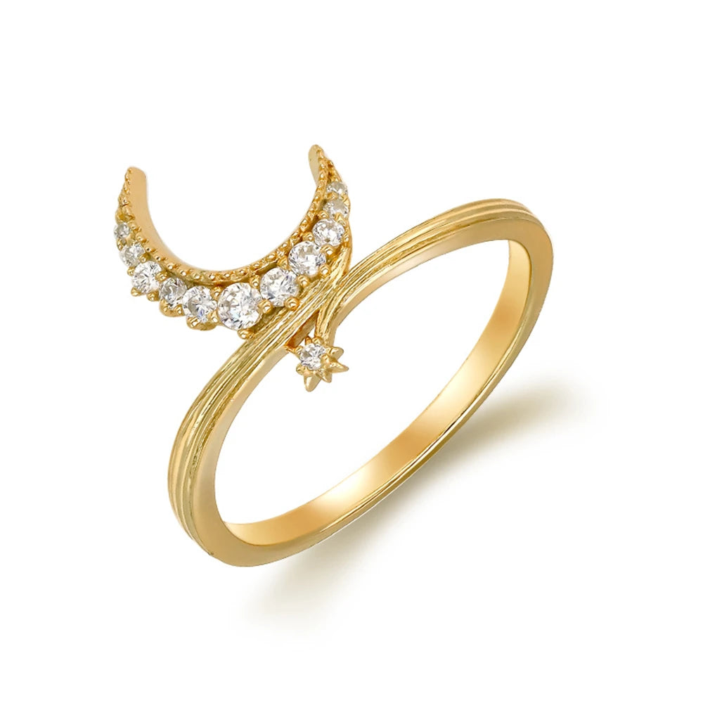 925 Sterling Silver 14K Gold Plated Gemstone Cz Zircon Meteors Star Moon Ring