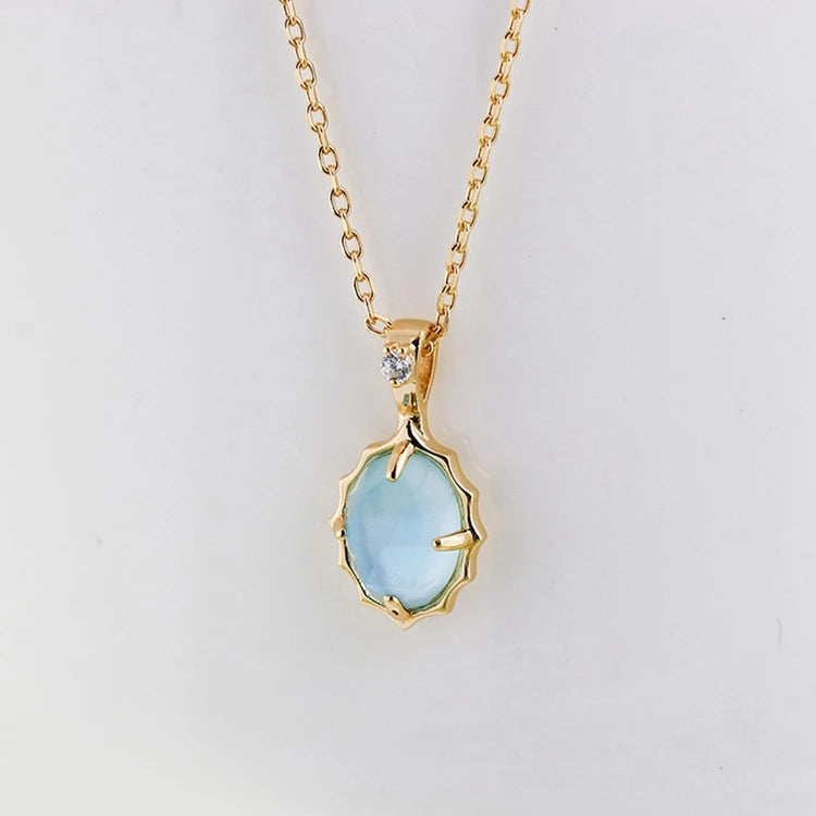 Factory 925 Sterling Silver 14K Gold Plated Gem Stone Gemstone Retro  Cz Zircon Round White Shell Sky Blue Glass Necklace