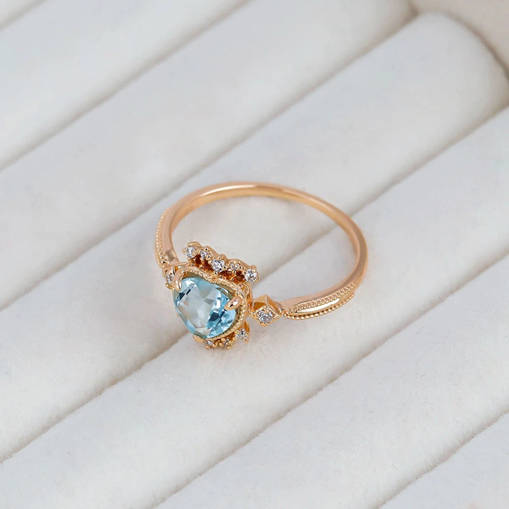 925 Sterling Silver 14K Gold Plated Gemstone Zircon Crown Heart Sjaped Sky Blue Topaz Ring