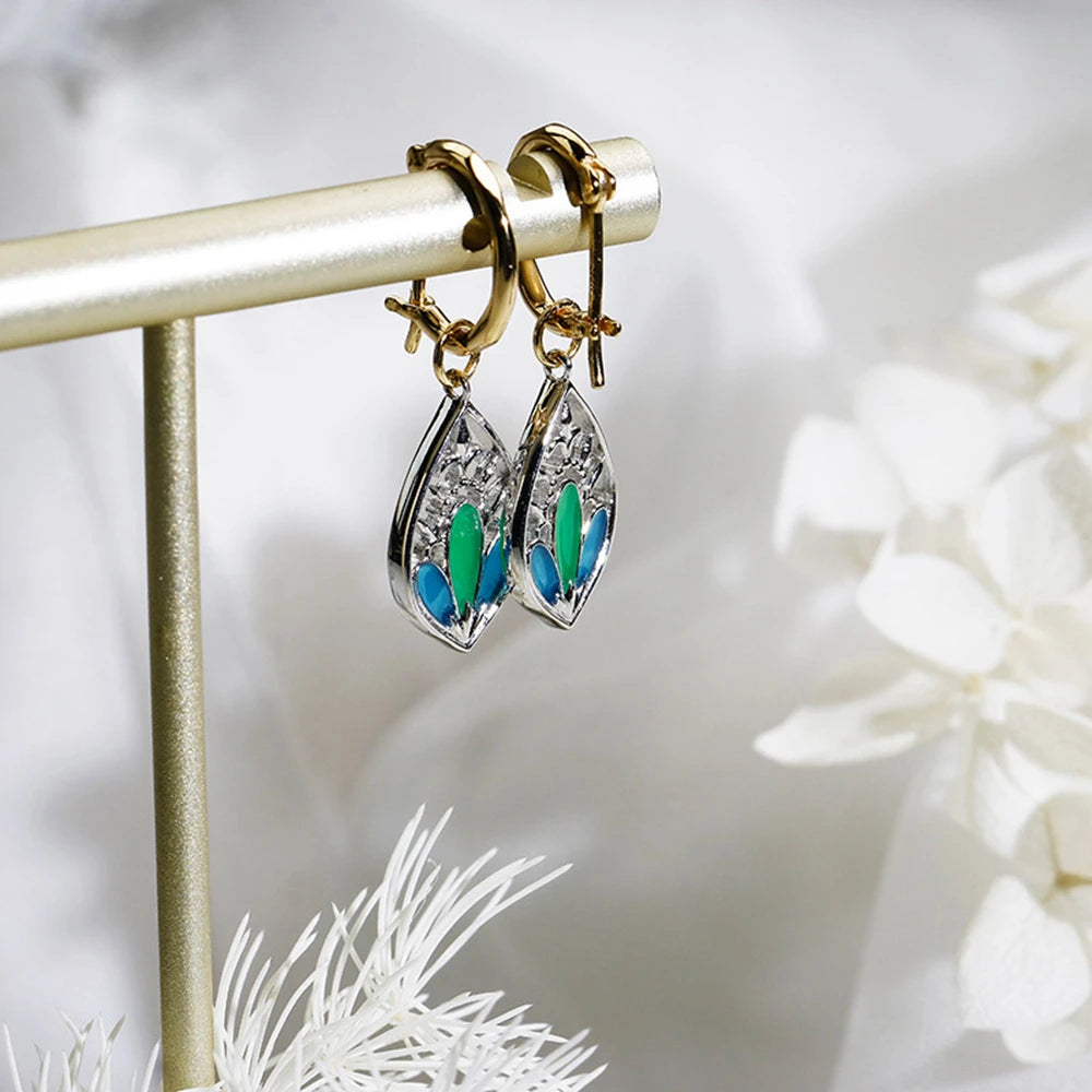 925 Sterling Silver 14K Gold Plated Gem Stone Gemstone Literary Retro Ring Classical Elegant Enamel Hoop Earrings