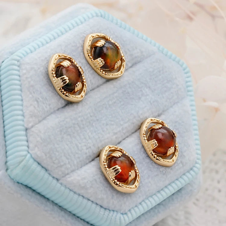 Emotional Factory 925 Sterling Silver 14K Gold Plated Gemstone Vintage Hollow Rock Crystal  Ammolite Earrings