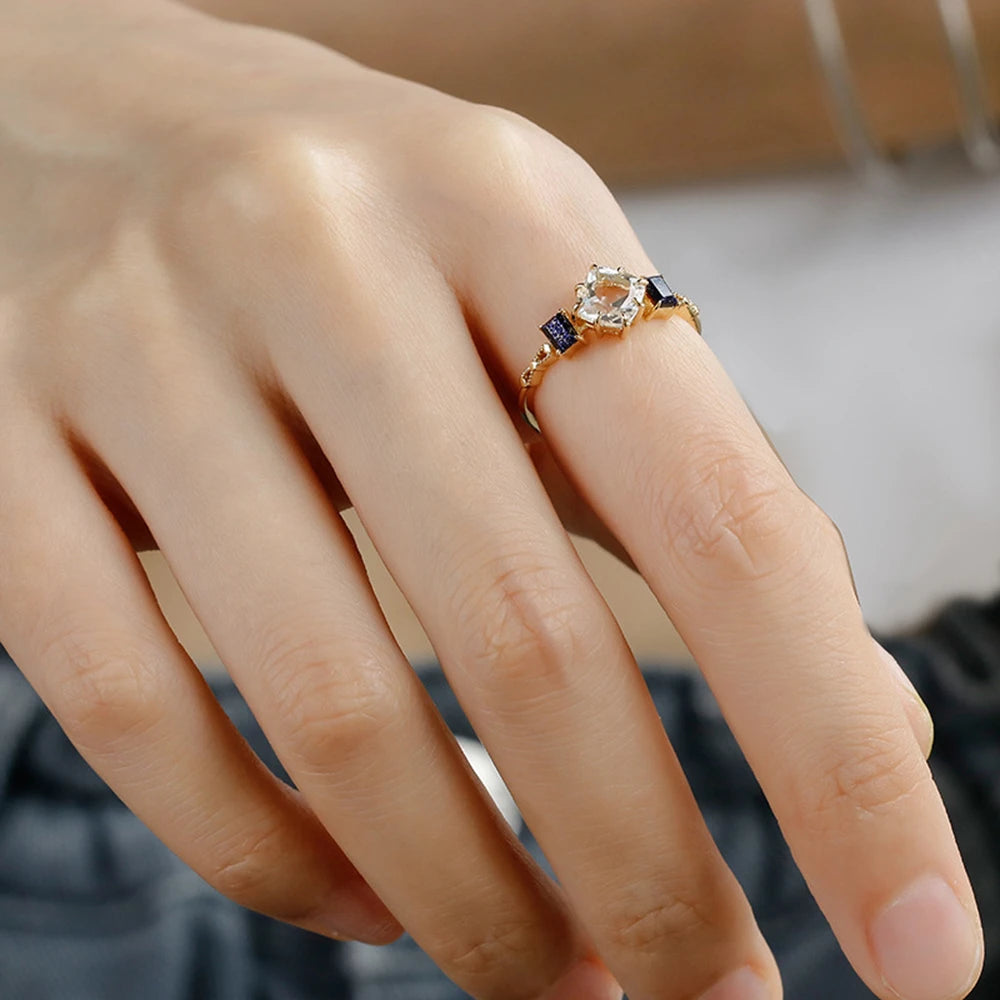 Emotional 925 Sterling Silver 14K Gold Plated Gem Stone Gemstone Geometric Square Round Blue Sandstone White Rock Crystal Ring