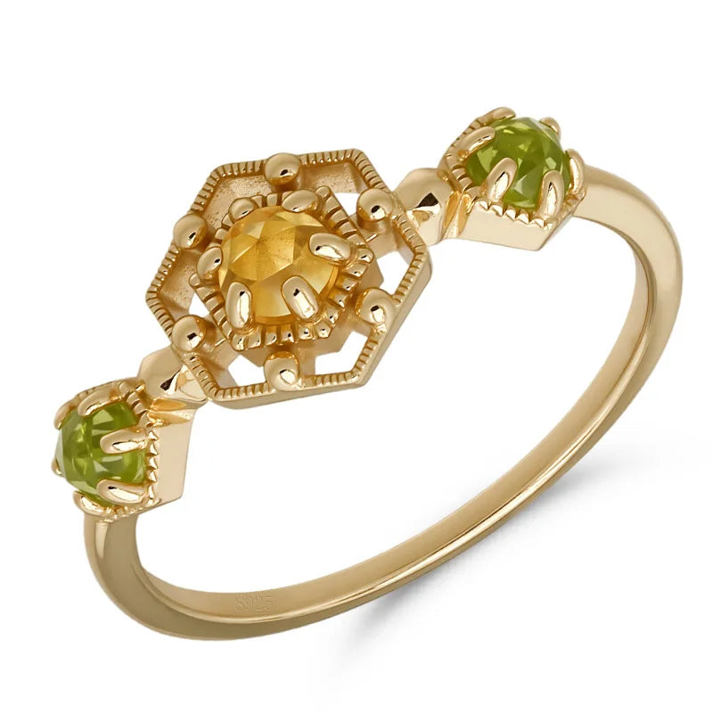 Emotional Factory 925 Sterling Silver 14K Gold Plated Gemstone Lace Hollow Geometric Citrine Peridot Ring