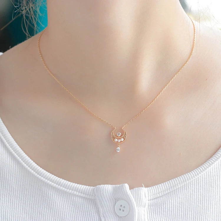 925 Sterling Silver 14K Gold Plated Gemstone Crescent Natural Freshwater Pearls Moonstone Necklace