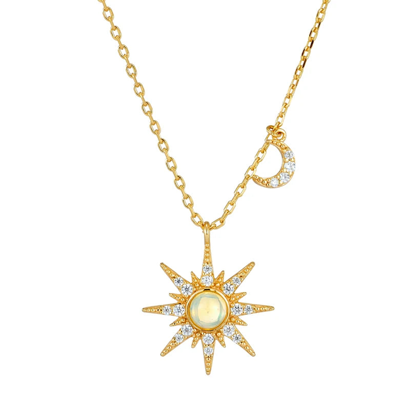 Emotional Factory Jewelry 925 Sterling Silver 14K Gold Plated Gemstone Series African Opal Gems Moon Sun Necklace