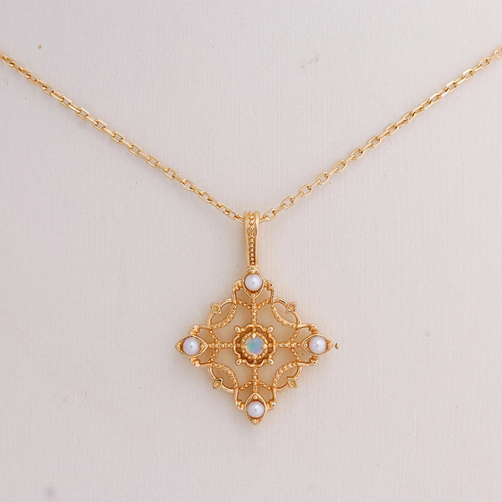 925 Sterling Silver 14K Gold Plated Gem Stone Gemstone Retro Hollow Camellia Vintage Medieval Pearl Opal Flower Delicate Pendant