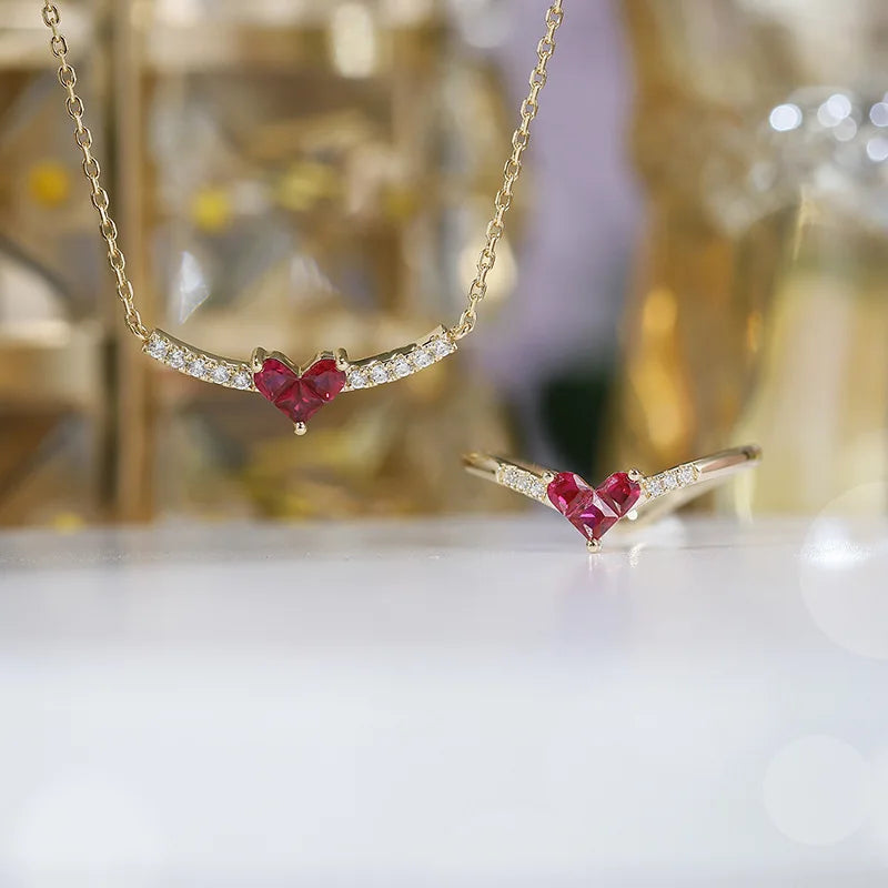 Emotional Factory 925 Sterling Silver 14K Gold Plated Heart Red Gemstone Handmade Borderless Inlay Zircon Ring