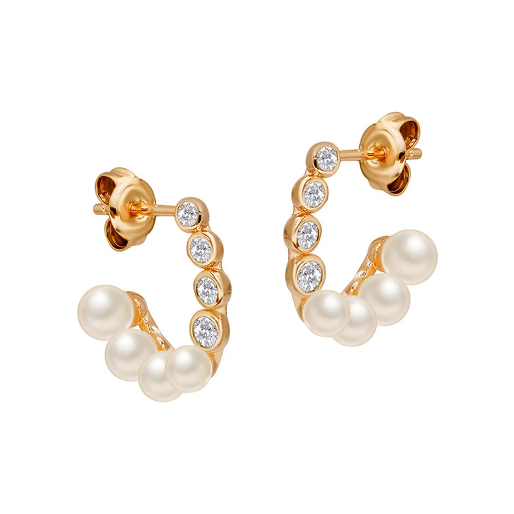 Emotional Factory 925 Sterling Silver 14K Gold Plated Gem Stone Gemstone Retro Cz Zircon C Shaped Pearl Earrings